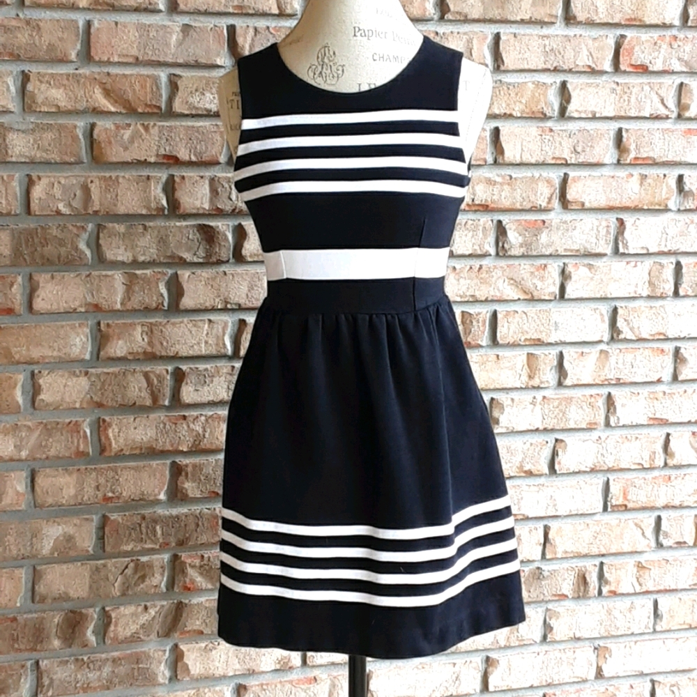 Madewell sleeveless black and white stripe dress.